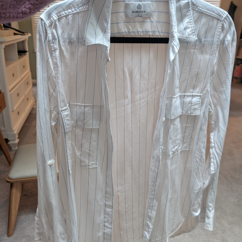 Babaton White Shirt with Light Blue Pinstripes